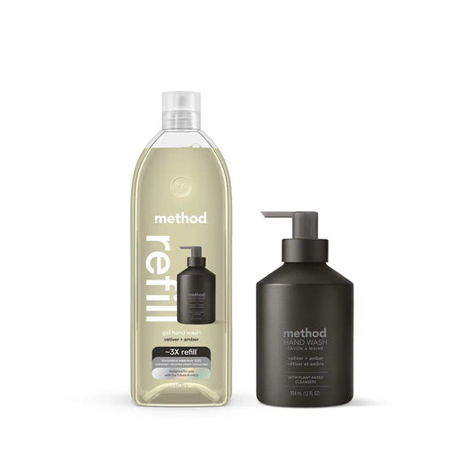gel hand wash starter set - vetiver + amber, 46 fl oz
